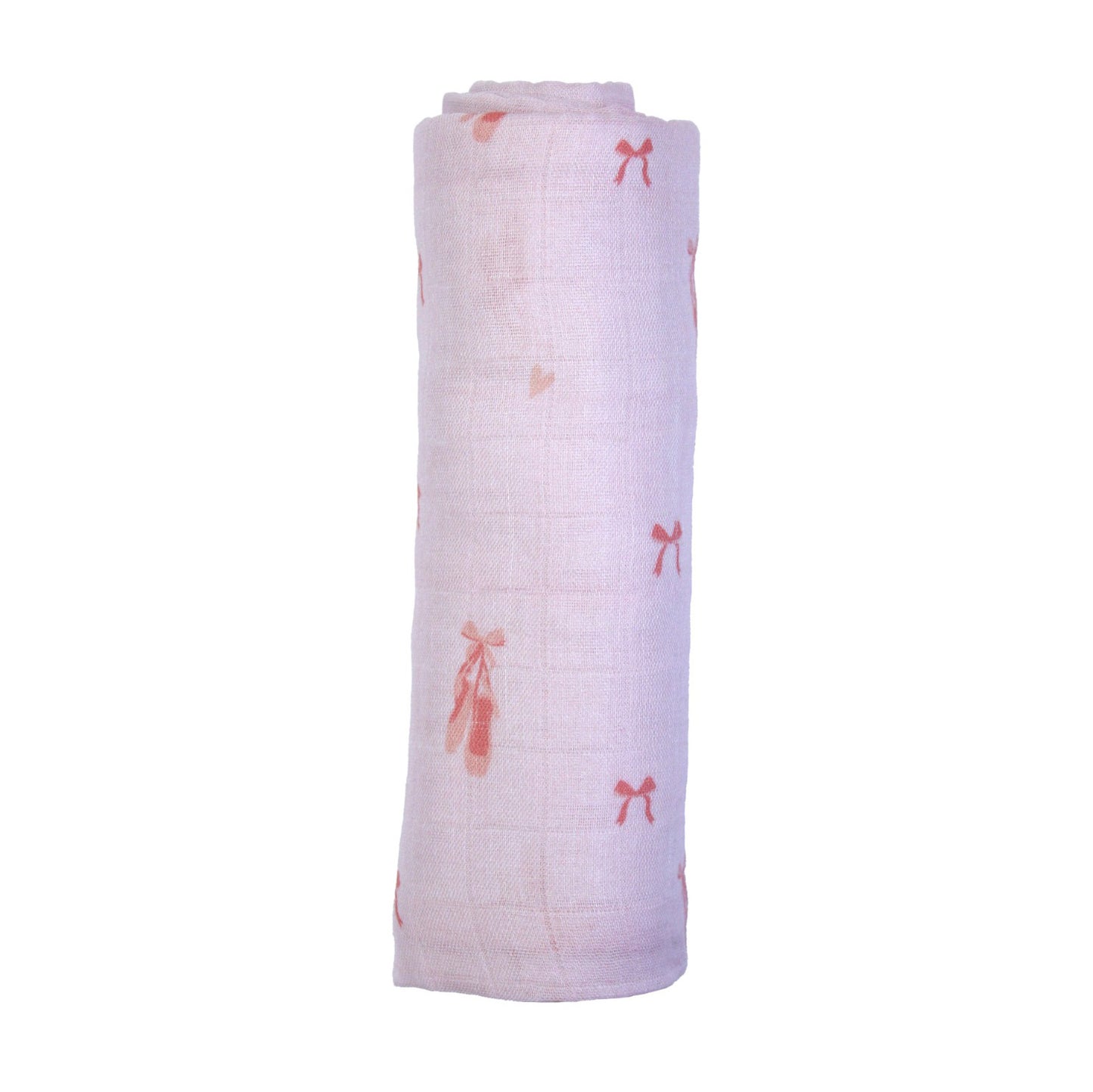 A rolled-up pink baby swaddle blanket with small ballerina and bow patterns.