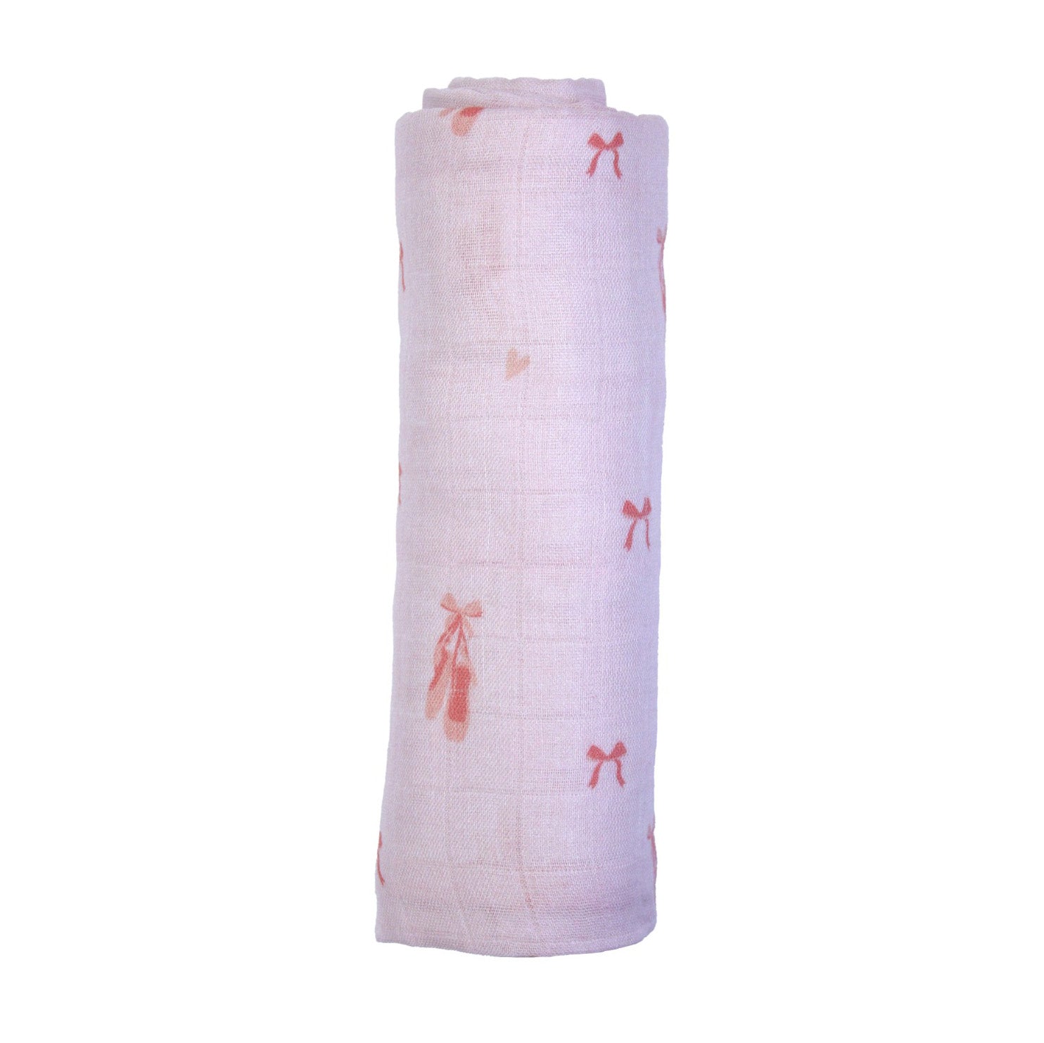 A rolled-up pink baby swaddle blanket with small ballerina and bow patterns.