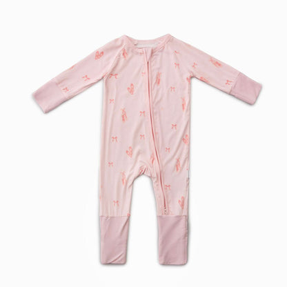 A pink bamboo baby convertible romper with ballerina design, featuring fold-over mitts and foot cuffs.