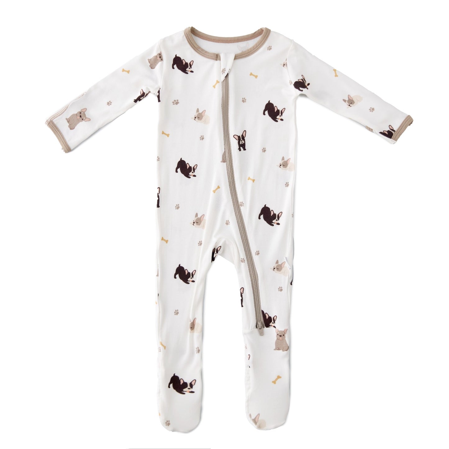 Soft bamboo baby footie with french bulldog pattern, front zipper closure