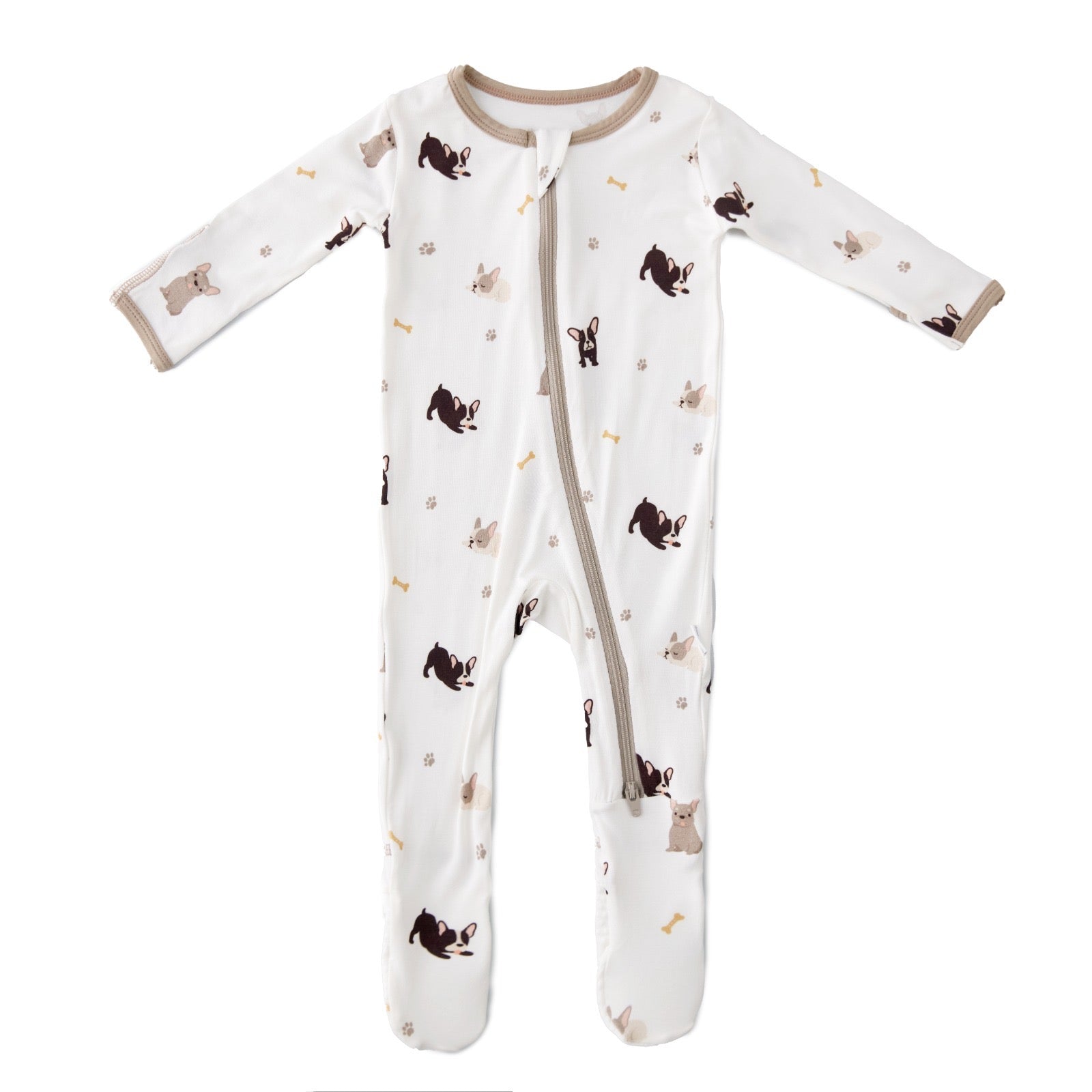Soft bamboo baby footie with french bulldog pattern, front zipper closure