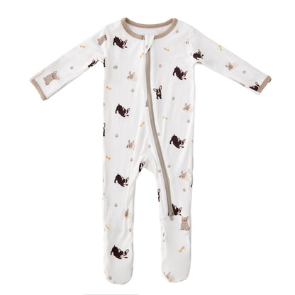 Soft bamboo baby footie with french bulldog pattern, front zipper closure