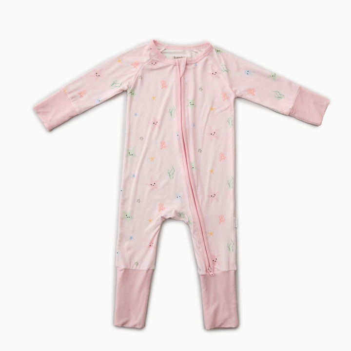 Bamboo baby romper with starfish pattern and fold-over mitts