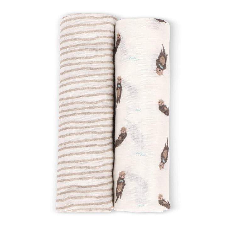 Otter and taupe wave bamboo muslin swaddle set
