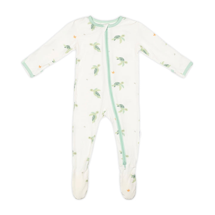 Turtle bamboo zippered sleeper footie, front view